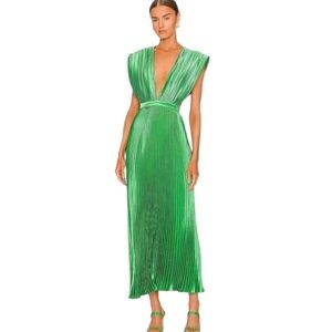 Nwot L'IDEE Woman Bright Green Pleated Plunge V Front/Back Midi Dress